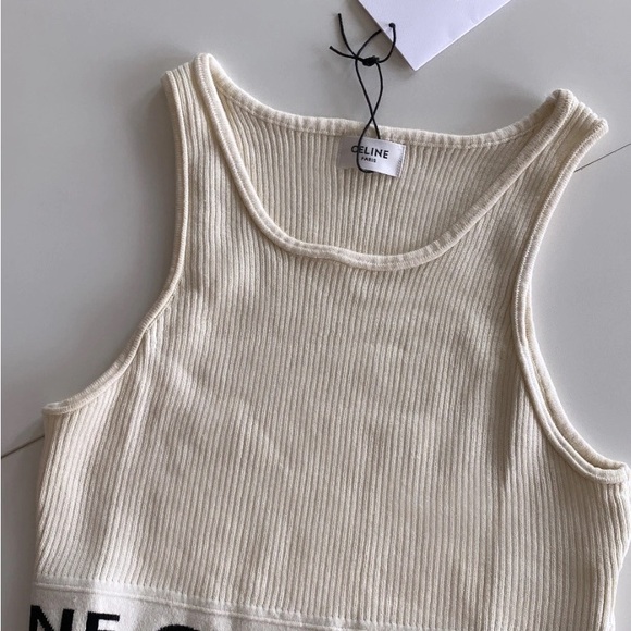 Celine Cream Ribbed Logo Crop Tank - Picture 3 of 4